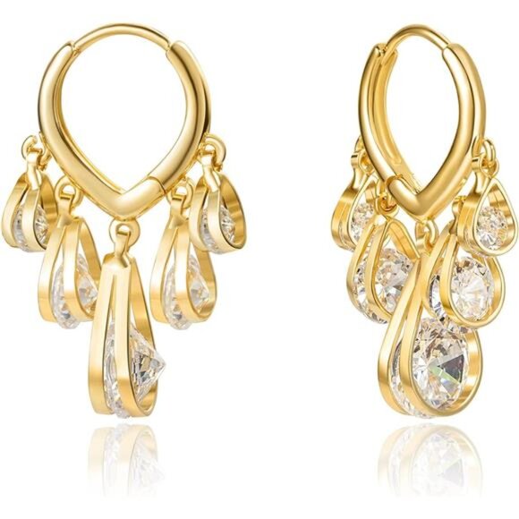 14K Gold Plated Huggie Earrings – Elegant Dangle Hoop - Picture 1 of 6